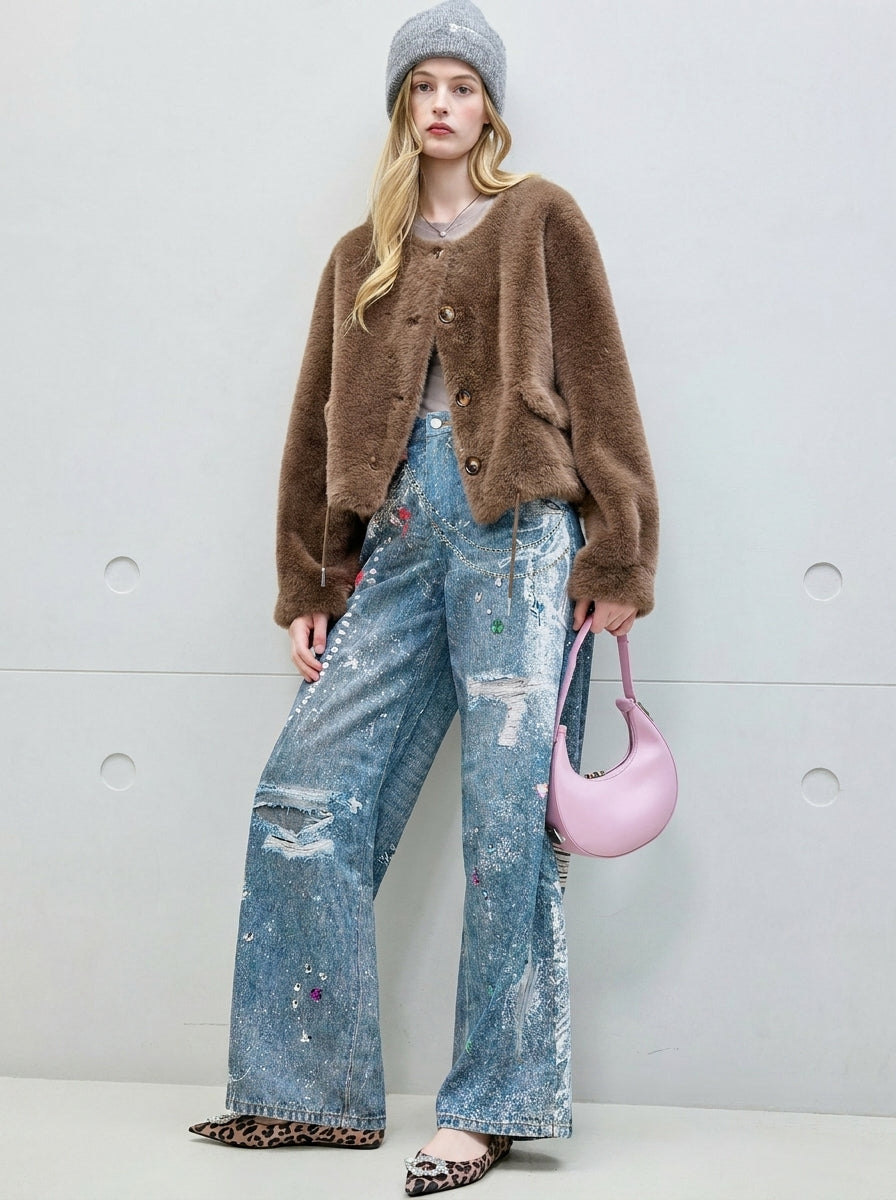 Washed Blue Graphic Print Wide Leg Jeans styled with brown cardigan