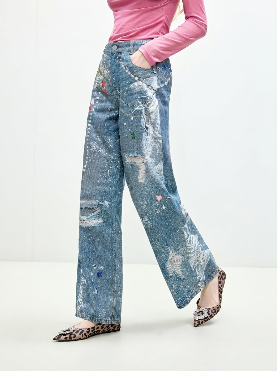 Side view of Washed Blue Graphic Print Wide Leg Jeans