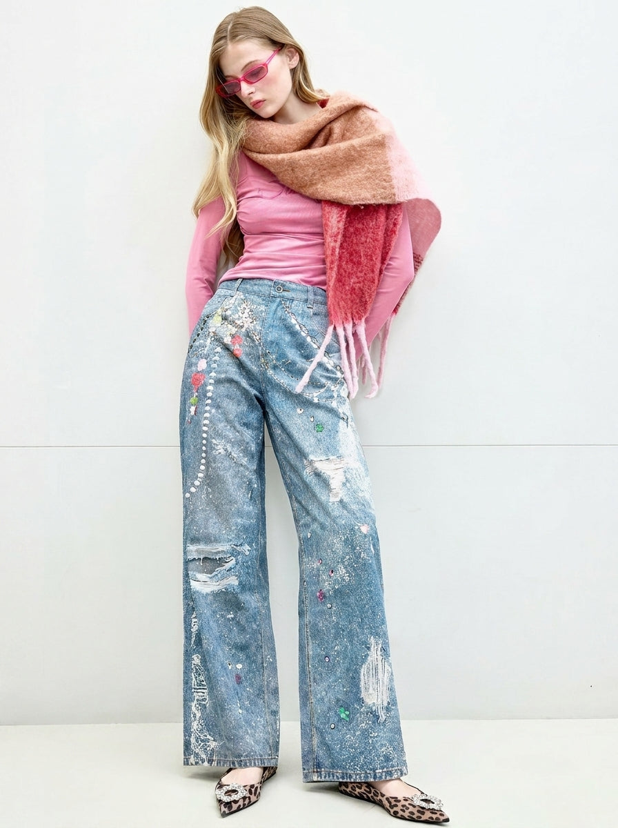 Washed Blue Graphic Print Wide Leg Jeans styled with pink top