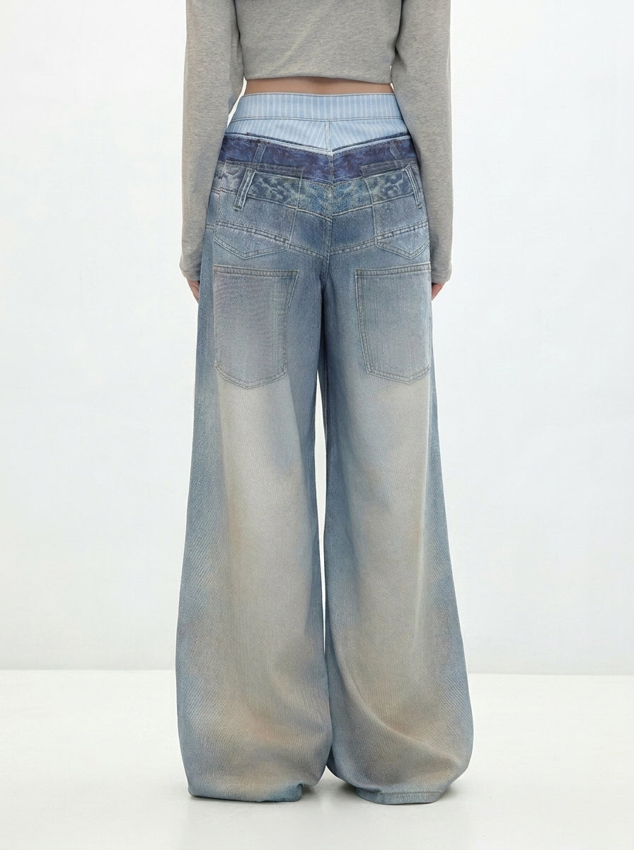 Back view of Washed Blue Layered Waist Graphic Wide Leg Jeans