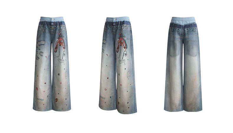 Flat lay front, side and back view of Washed Blue Layered Waist Graphic Wide Leg Jeans
