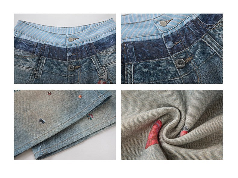 Product detail collage showing layered waist, denim texture, stitching and fabric of Washed Blue Layered Waist Graphic Wide Leg Jeans