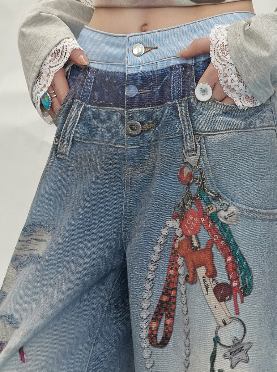 Layered waist detail of Washed Blue Layered Waist Graphic Wide Leg Jeans