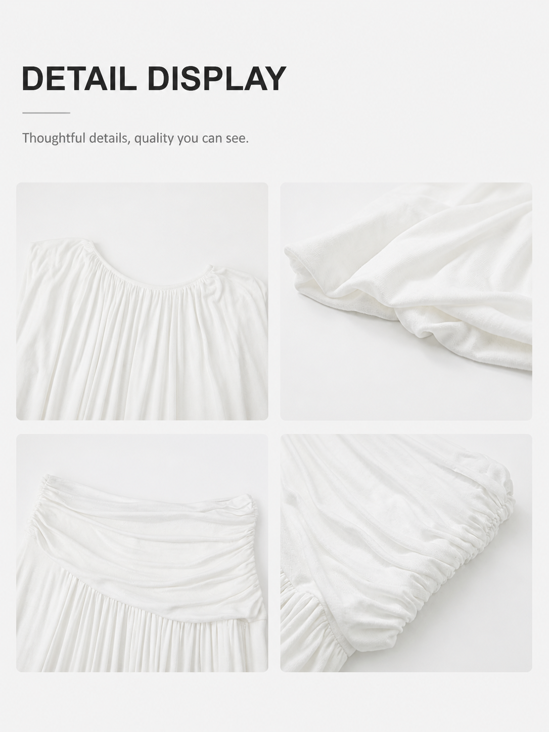 Detail display of white ruched two-piece skirt set with a sleeveless U-neck top and flowing maxi skirt.