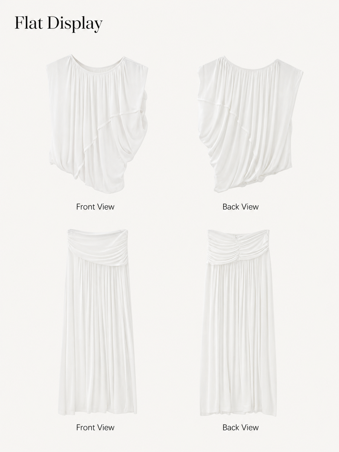 Flat display of white ruched two-piece skirt set with a sleeveless U-neck top and flowing maxi skirt with front and back views