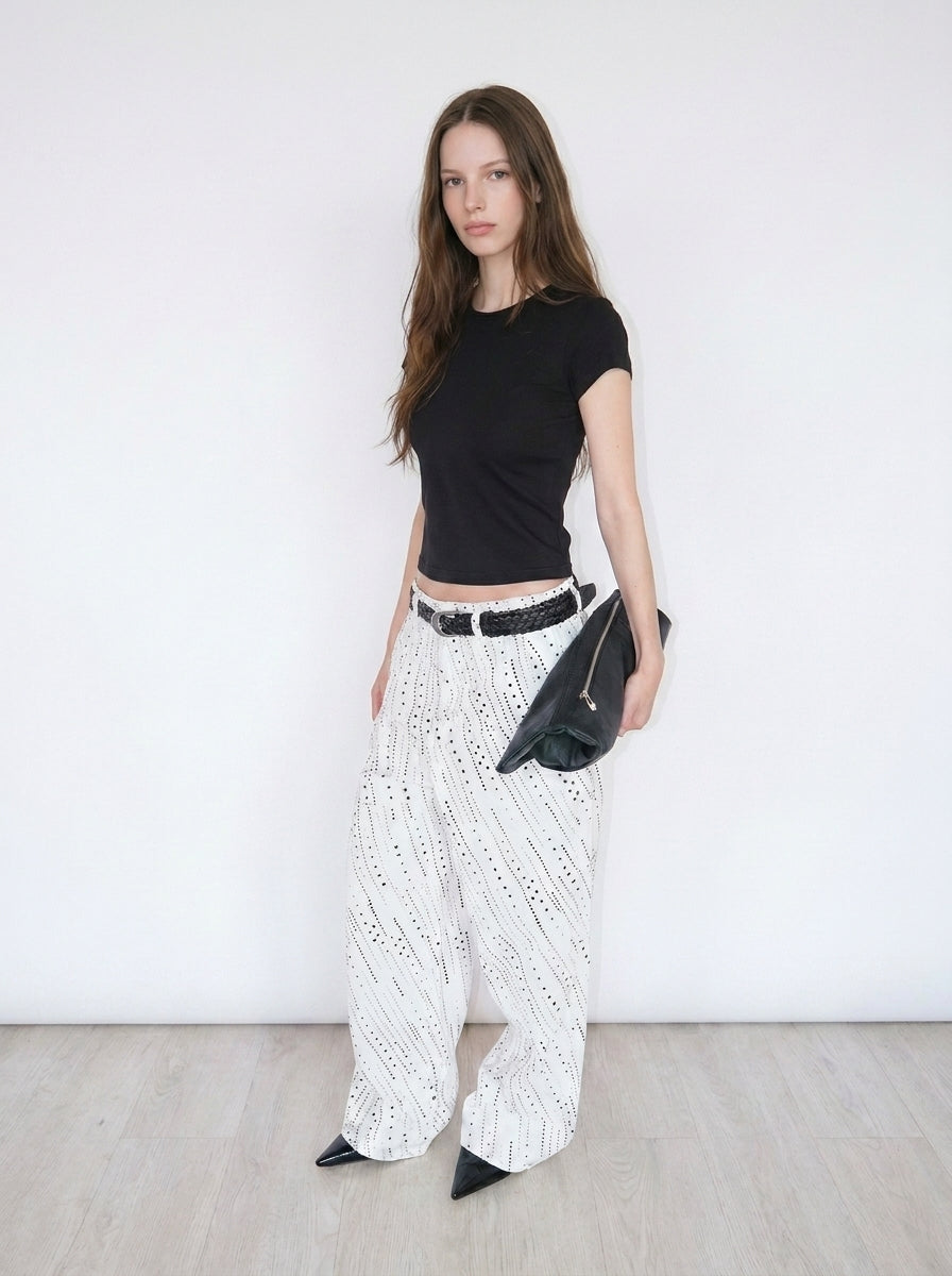 White Starry Dot Wide Leg Jeans front angled view