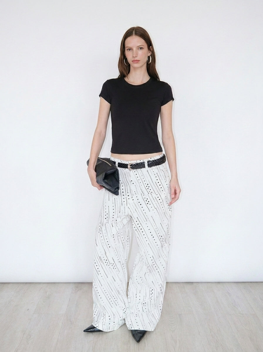 White Starry Dot Wide Leg Jeans front full look